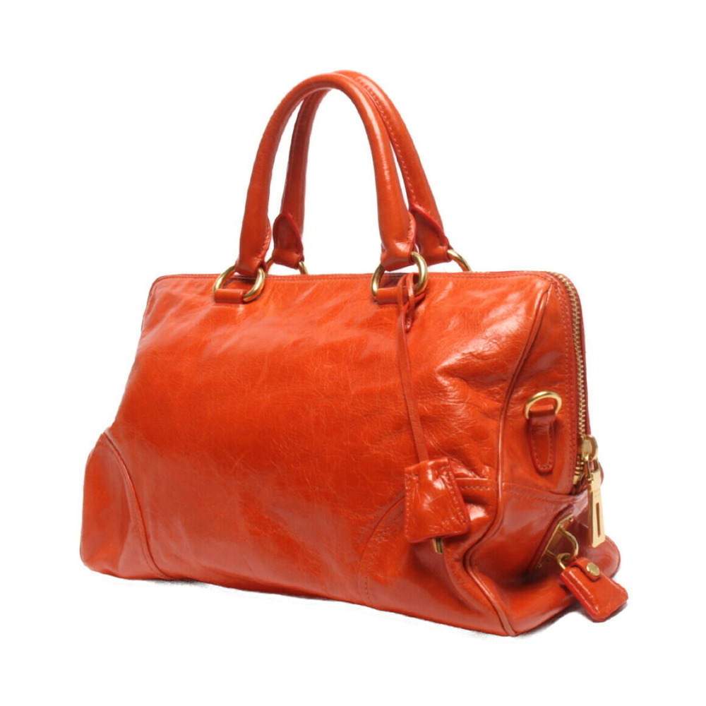 Prada Vitello orange handbag Bauletto Satchel glossy leather Shine